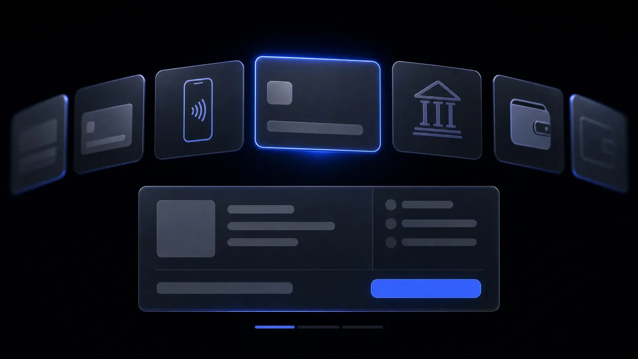Mokėjimo būdų kortelės be logotipų, išdėstytos lanku – kortelė, telefonas, bankas, piniginė; viena jų pasirinkta ir paryškinta mėlynai, po jomis – užsakymo suvestinė su mygtuku.