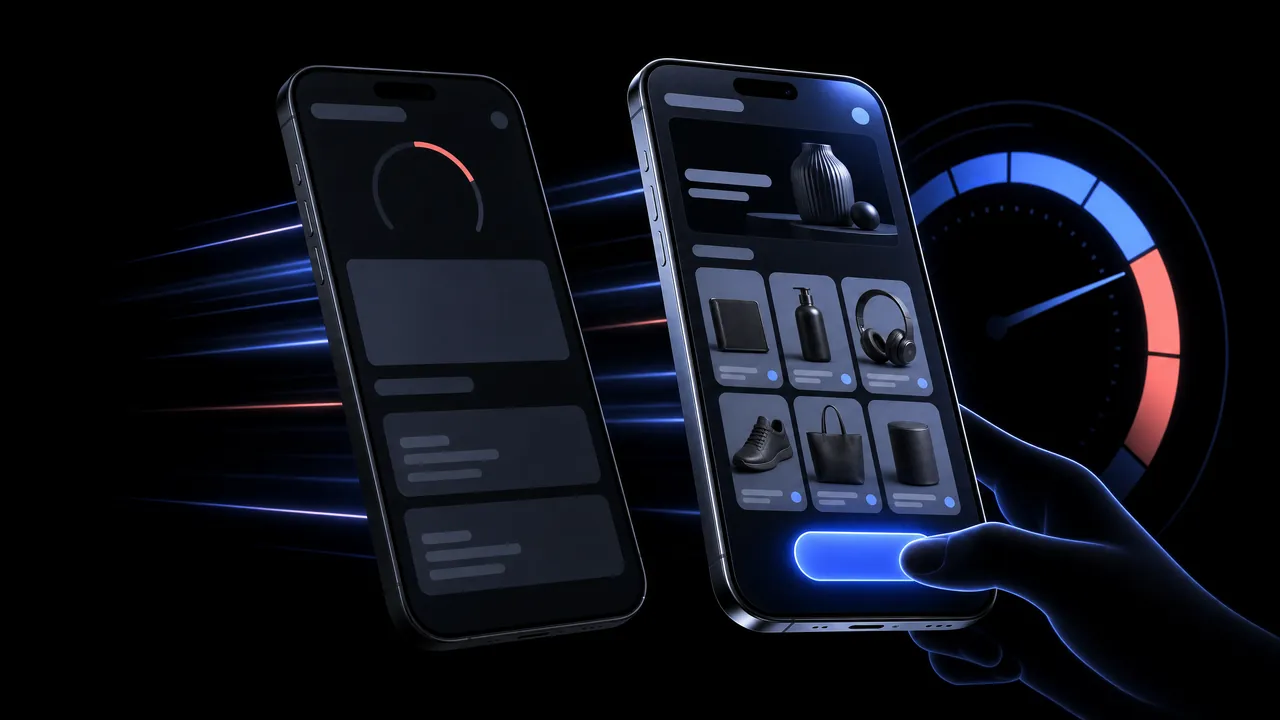 Du telefonai su ta pačia parduotuve: kairysis dar kraunasi su raudonu indikatoriumi, dešiniajame prekių tinklelis jau matomas ir pirštas spaudžia mygtuką; fone – greičio matuoklis.