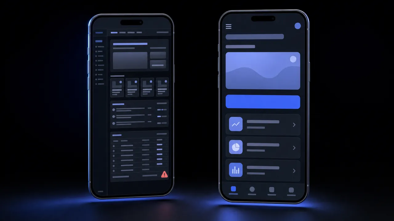 Du telefonai: kairėje – sutraukta, smulki kompiuterinės svetainės versija su įspėjimo ženklu, dešinėje – aiškus mobilusis maketas su dideliu mygtuku ir sąrašu.