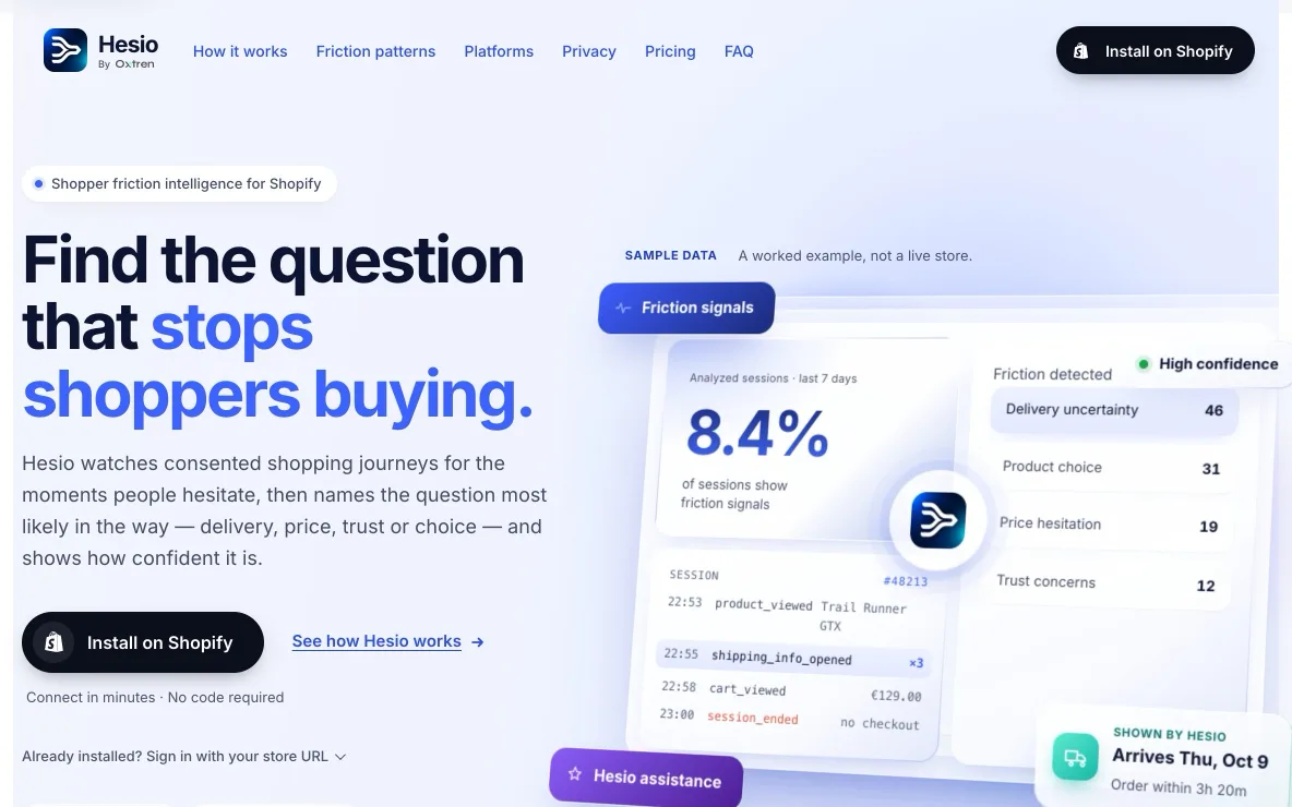 Hesio – Shopify programos pradinis puslapis