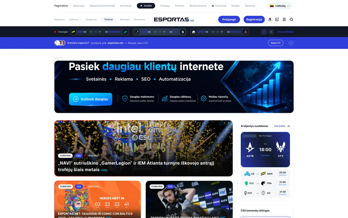 Esportas.net – pagrindinis puslapis